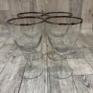 Set of 4 Clear Wine Glasses Silver Rim Footed Stemware Barware Elegant Drinkware